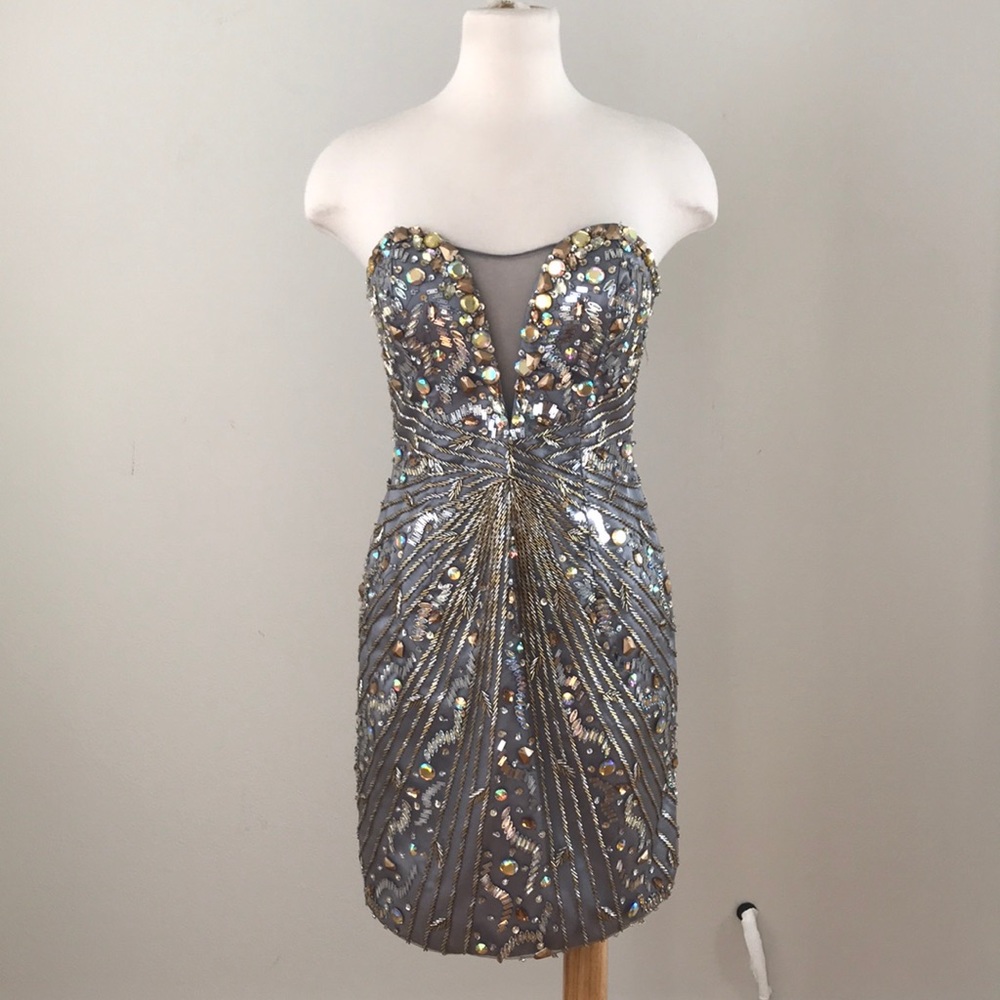 Val Stefani Silver Jeweled Strapless Mini Dress